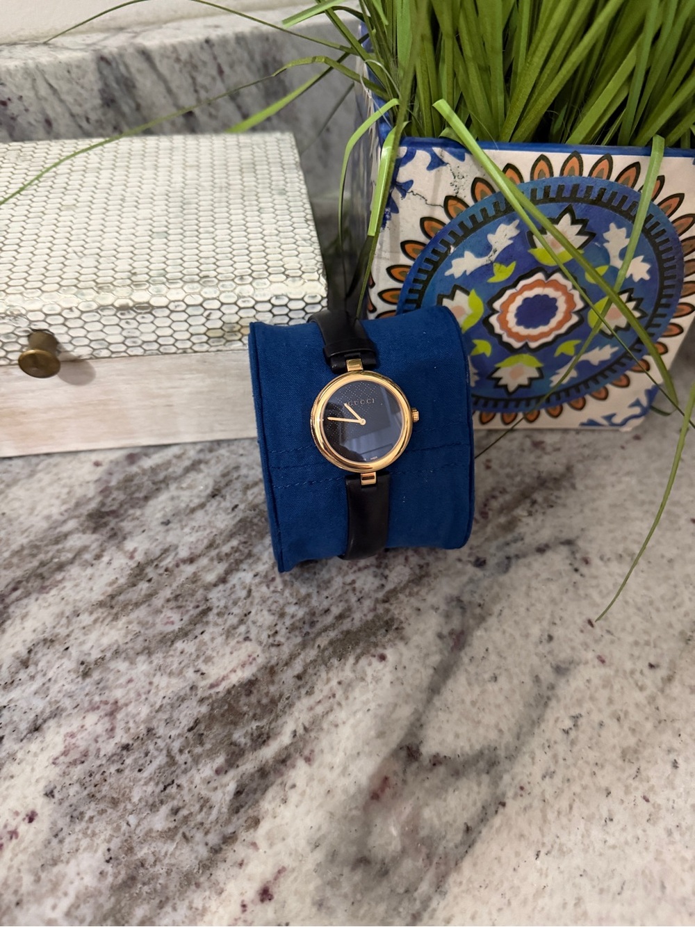 Gucci Diamantissima watch, 27mm Black Leather Strap Watch with Gold-Tone Case